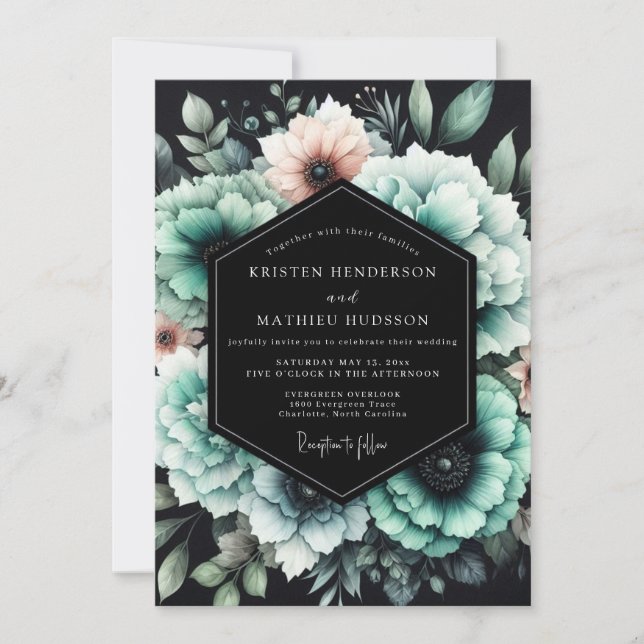 Convites Teal & Blush Shadowy Bloom Wedding (Frente)