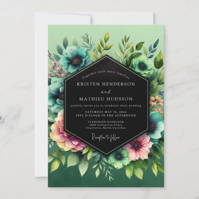 Convites Teal Blush Vibrant Flora Wedding (Frente)