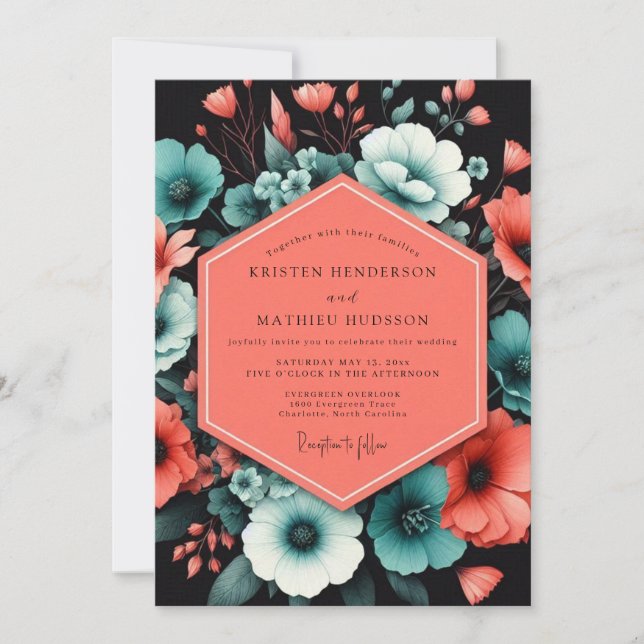 Convites Teal Bold Bloom Wedding (Frente)