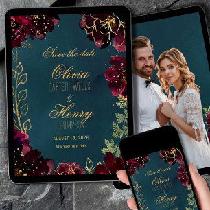 Convites Teal Bordeaux Jewel Tone Foto Salvar Data 3