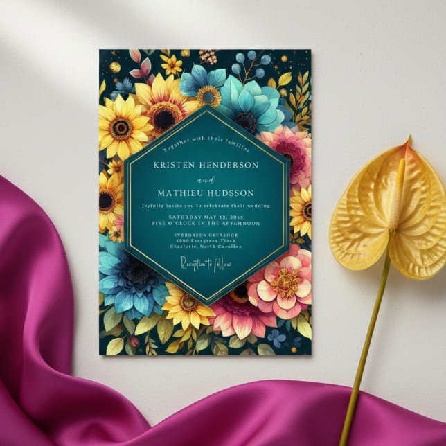 Convites Teal Botanical Bloom Wedding (Criador carregado)