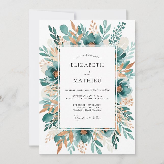 Convites Teal Botanical Bloom Wedding (Frente)