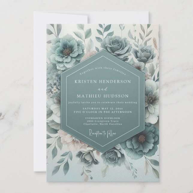 Convites Teal Botanical Bloom Wedding (Frente)
