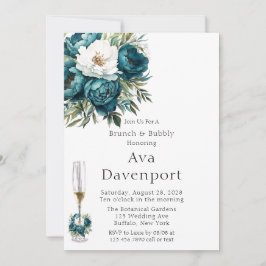 Convites Teal Botanical Floral Peony Brunch & Bubble