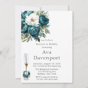 Convites Teal Botanical Floral Peony Brunch & Bubble