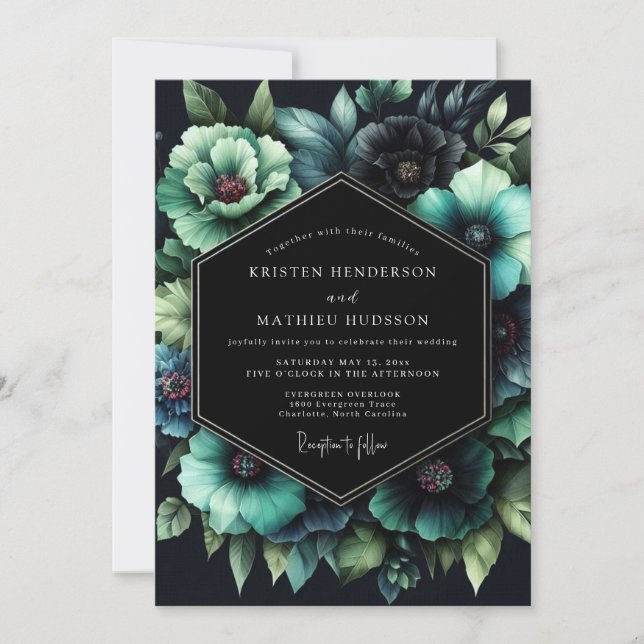 Convites Teal Botanical Nocturne Wedding (Frente)
