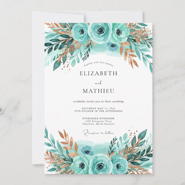 Convites Teal Bronze Lustrous Winter Wedding (Frente)