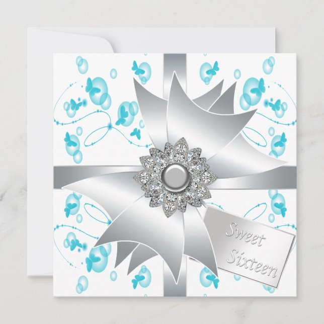 Convites Teal Bubbles Butterflies Doce 16 Partido (Frente)