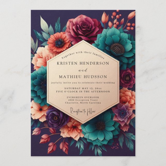 Convites Teal & Burgundy Decadent Floral Wedding (Frente)