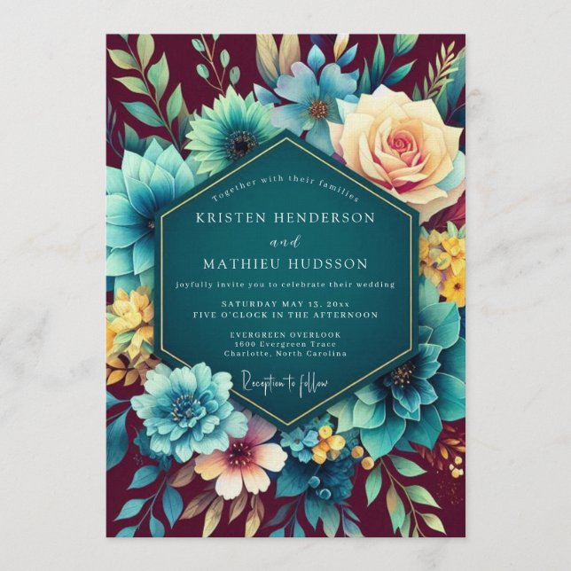 Convites Teal & Burgundy Lush Botanical Wedding (Frente)