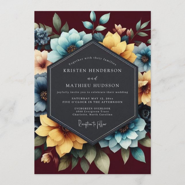 Convites Teal & Burgundy Painterly Bloom Wedding (Frente)