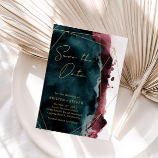 Convites Teal & Burgundy Watercolor Salvar Data