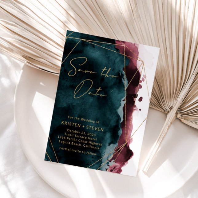 Convites Teal & Burgundy Watercolor Salvar Data (Criador carregado)