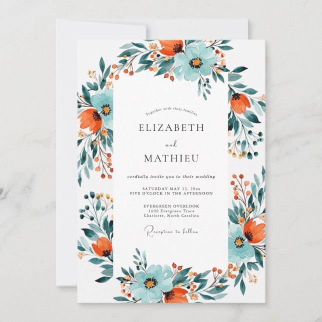 Convites Teal Burnt Orange Dynamic Botanical Wedding (Frente)