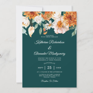 Convites Teal Burnt Orange Elegant Casamento outono Floral