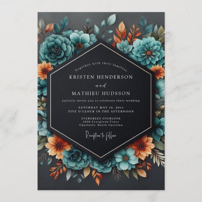 Convites Teal Burnt Orange Moody Wedding (Frente)