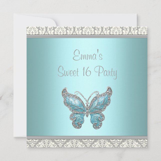 Convites Teal Butterfly Damask Sweet 16 Party (Frente)