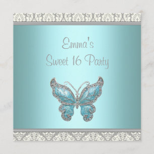 Convites Teal Butterfly Damask Sweet 16 Party