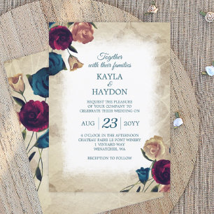 Convites Teal, Casamento do Jardim Rosa Beige Burgundy