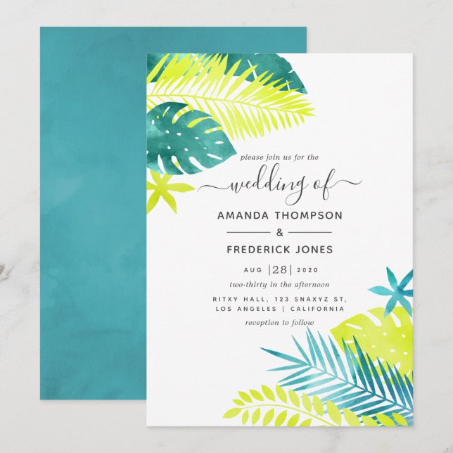 Convites Teal - Casamento Tropical de Turquesa e Lemon (Frente/Verso)