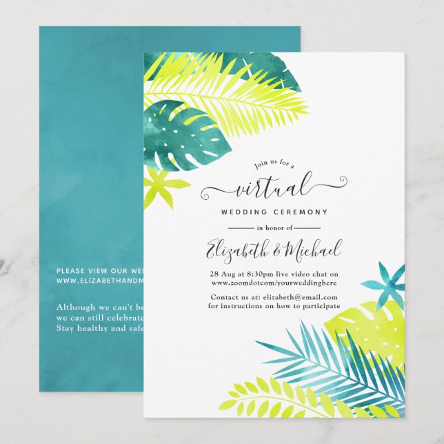 Convites Teal - Casamento Virtual Tropical Turquoise & Lemo (Frente/Verso)
