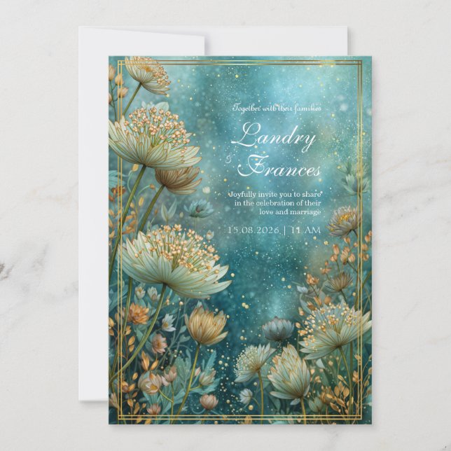 Convites Teal Celestial Gilded Astrantia Wedding (Frente)