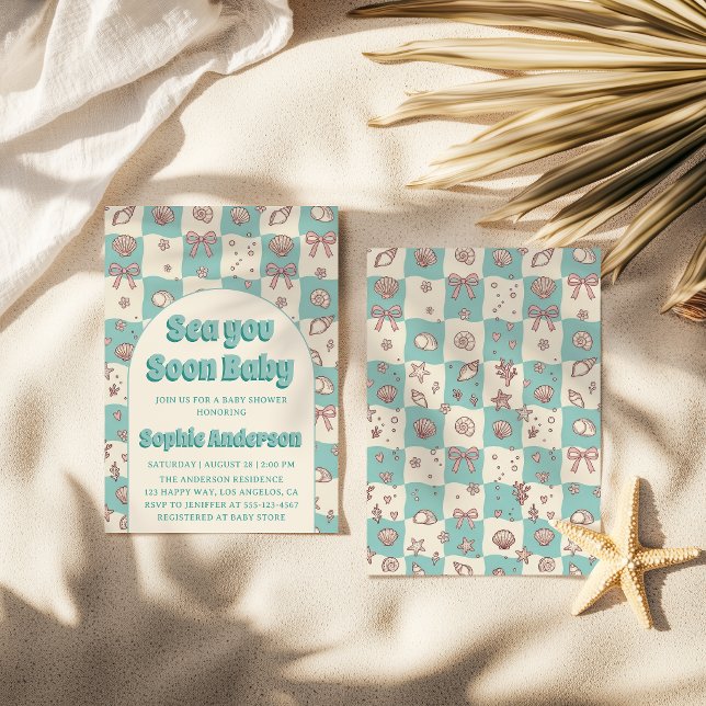 Convites Teal Checkerboard Seashell Bow Baby Shower (Criador carregado)
