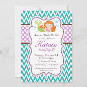 Convites Teal Chevron e Bolinhas Roxa Sereia Aniversário