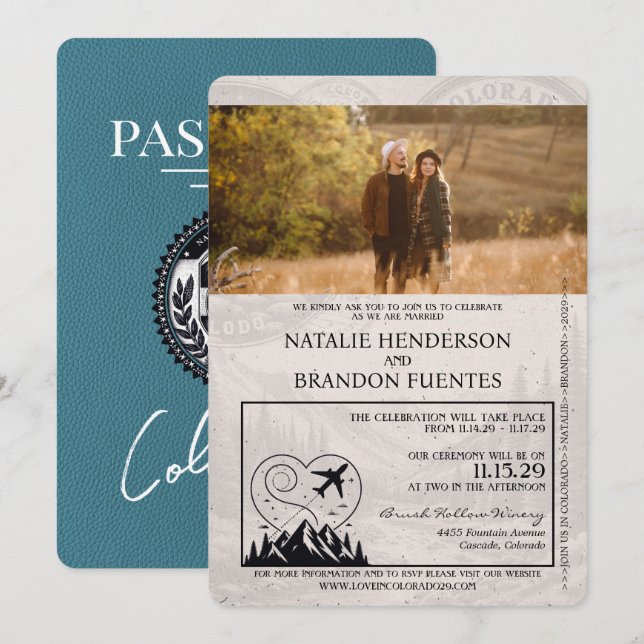 Convites Teal Colorado Passport Wedding (Frente/Verso)