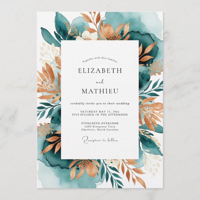 Convites Teal Copper Botanical Romance Wedding (Frente)