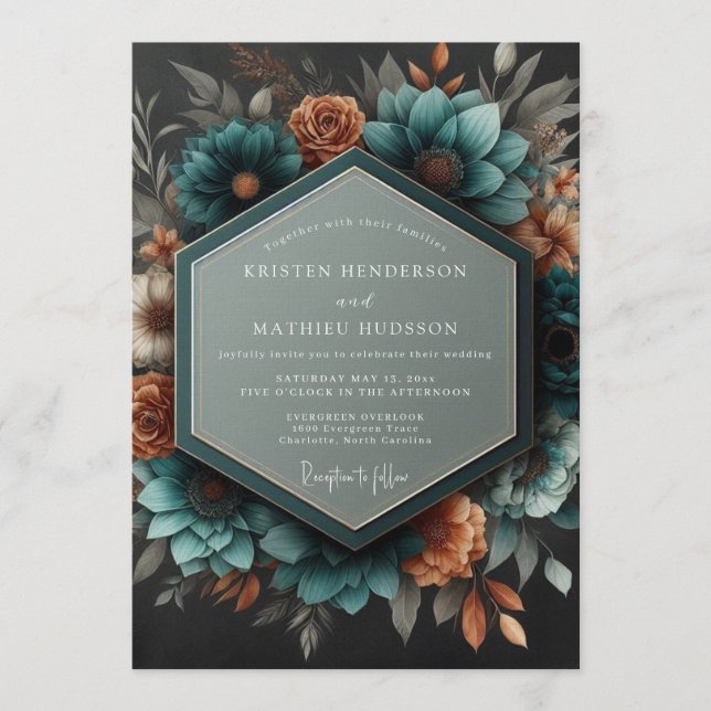 Convites Teal Copper Dramatic Botanical Wedding (Frente)