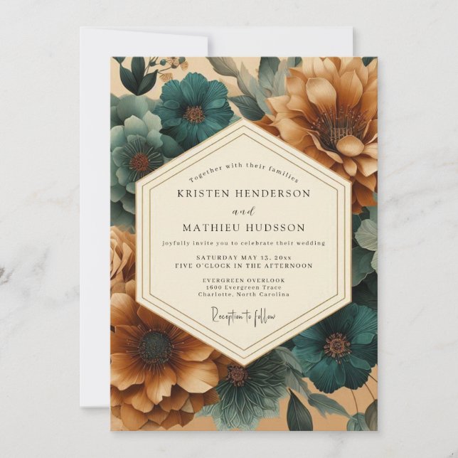 Convites Teal Copperplate Flora Wedding (Frente)