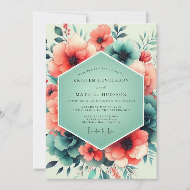 Convites Teal Coral Artful Flora Wedding (Frente)