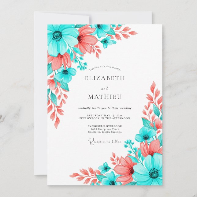 Convites Teal Coral Artistic Bloom Wedding (Frente)