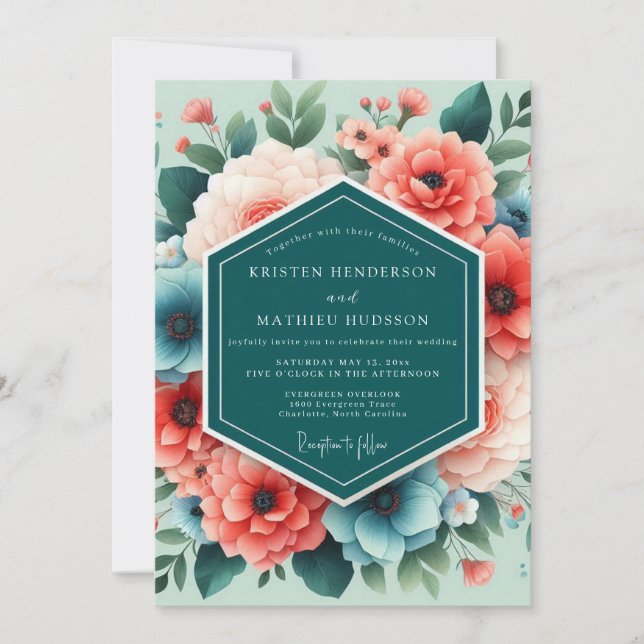 Convites Teal & Coral Artistic Floral Wedding (Frente)