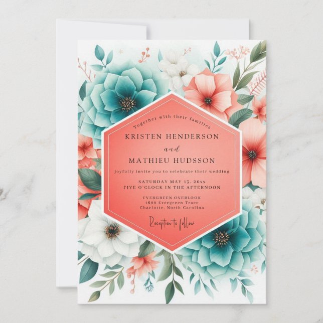 Convites Teal Coral Bloom Romance Wedding (Frente)