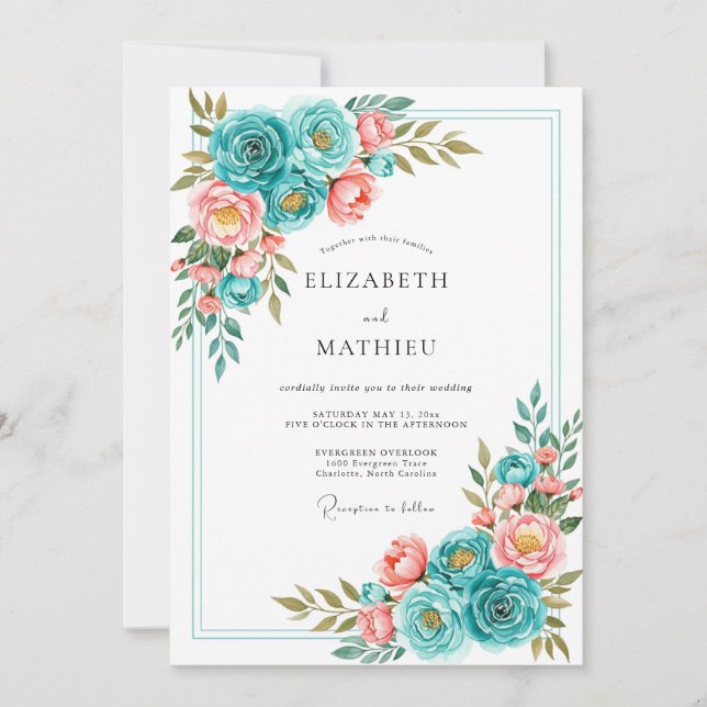 Convites Teal Coral Bloom Romance Wedding (Frente)