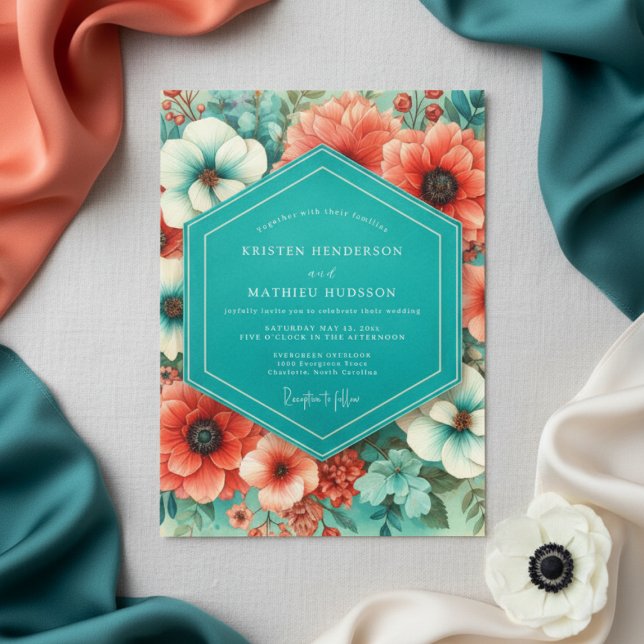Convites Teal Coral Bloom Romance Wedding (Criador carregado)