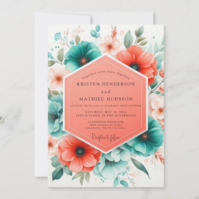 Convites Teal Coral Blossom Romance Wedding (Frente)