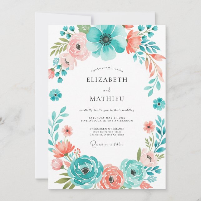 Convites Teal Coral Botanical Bloom Wedding (Frente)