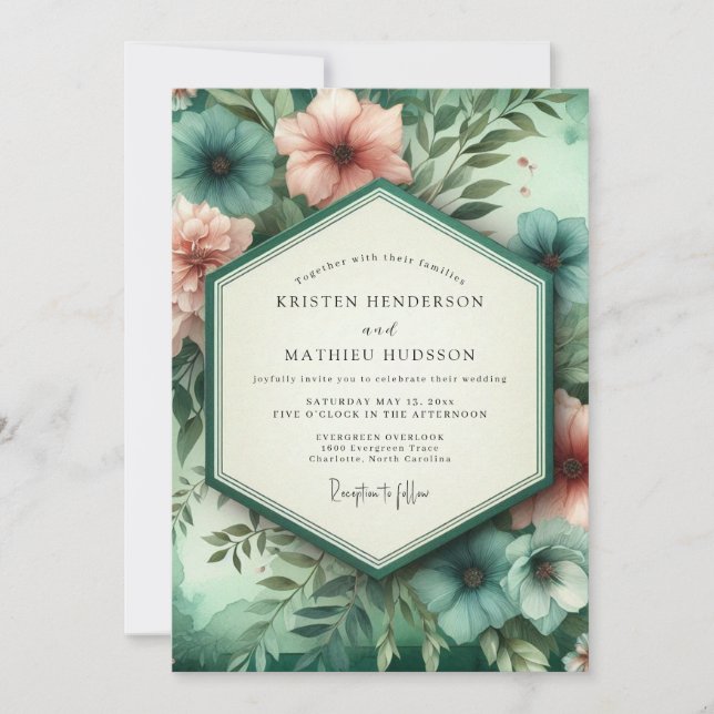 Convites Teal Coral Botanical Romance Wedding (Frente)