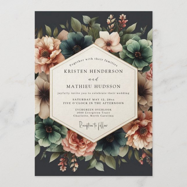 Convites Teal & Coral Dramatic Floral Wedding (Frente)