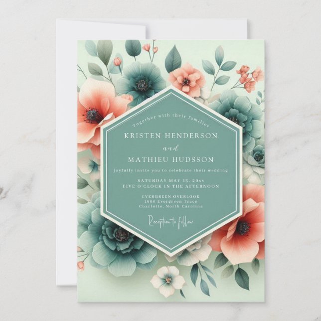 Convites Teal Coral Ethereal Flora Wedding (Frente)