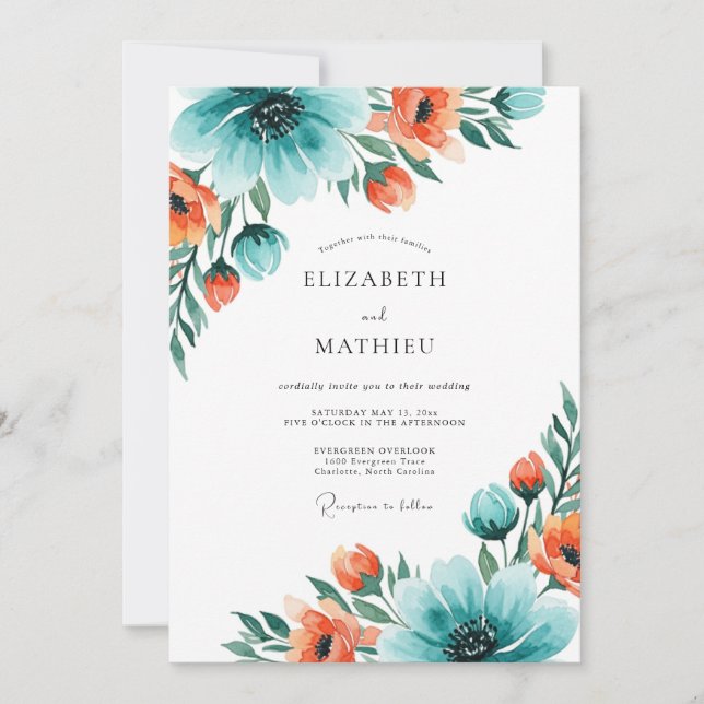 Convites Teal Coral Exhilarating Summer Wedding (Frente)
