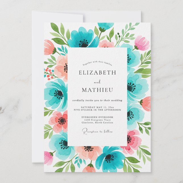 Convites Teal Coral Floral Bloom Wedding (Frente)