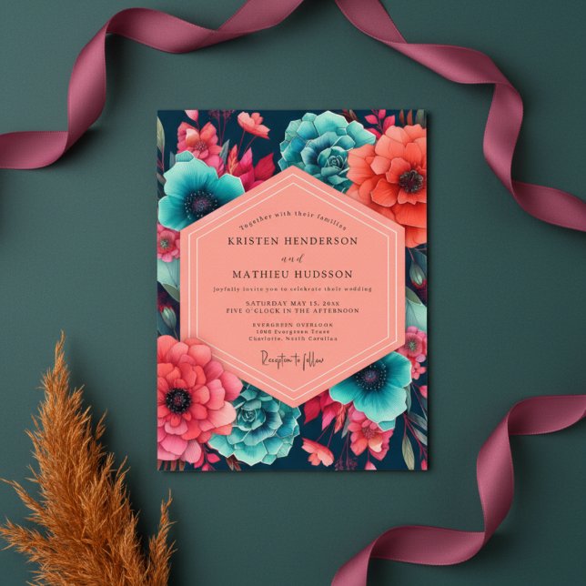 Convites Teal Coral Floral Opulence Wedding (Criador carregado)