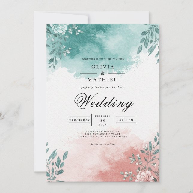 Convites Teal Coral Floral Splash Wedding (Frente)