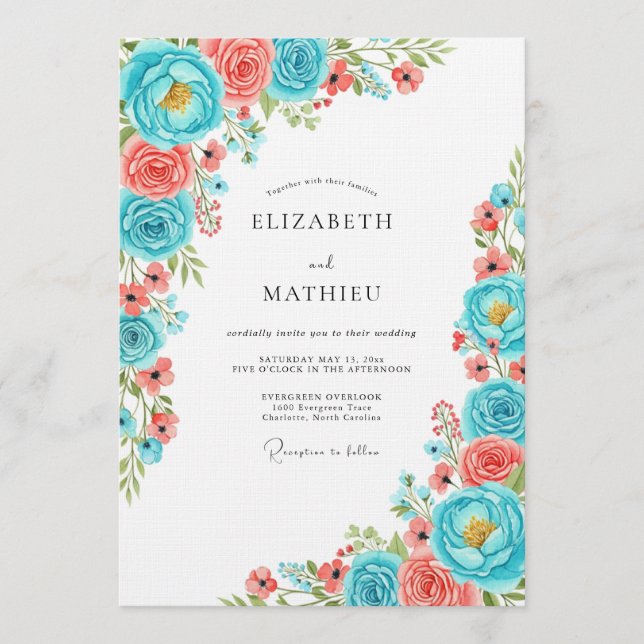 Convites Teal Coral Floral Whimsy Wedding (Frente)