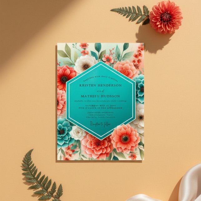 Convites Teal Coral Floral Whimsy Wedding (Criador carregado)