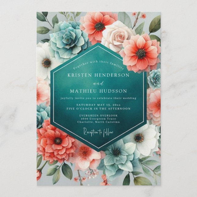 Convites Teal Coral Lush Succulent Wedding (Frente)